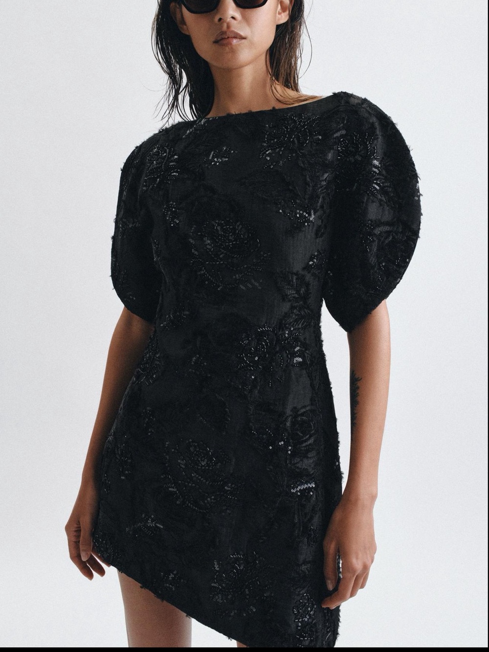 Zara Black Puff-Sleeve Embroidered Mini Dress